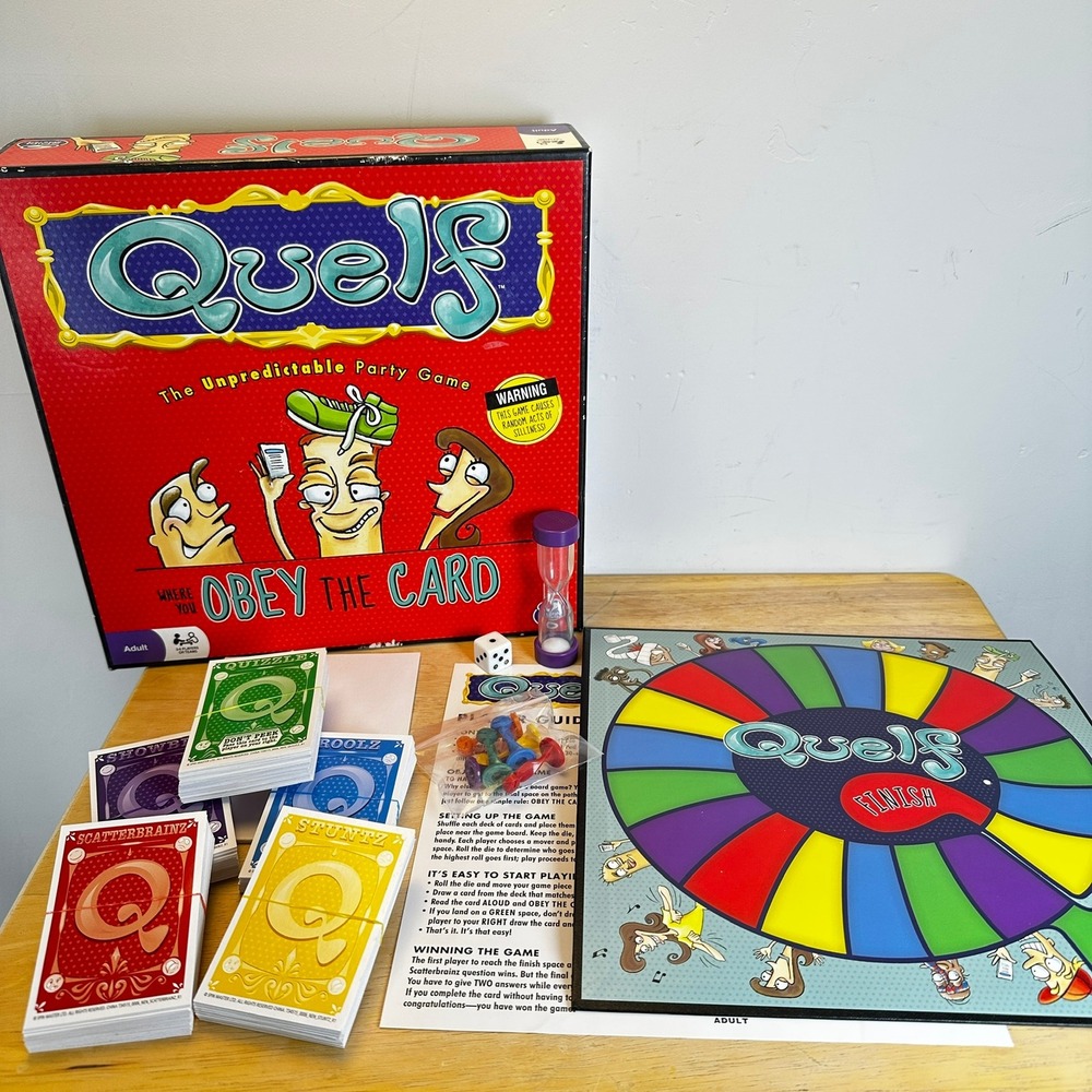 Quelf Board The Unpredictable Party Game COMPLETE 2006 Spin Master Obey the Card